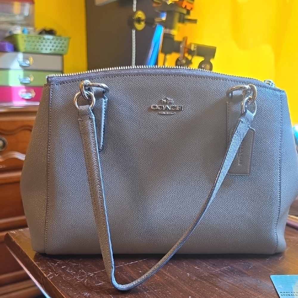 Coach Pebbled Leather Shoulder Satchel in Taupe Gray